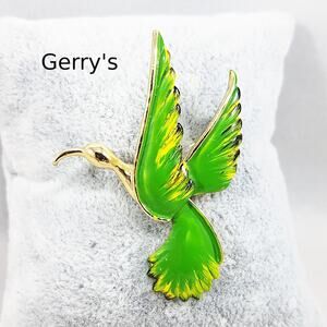 Vintage Green Enamel Bird Brooch, Signed GERRY'S, 1960s Jewelry